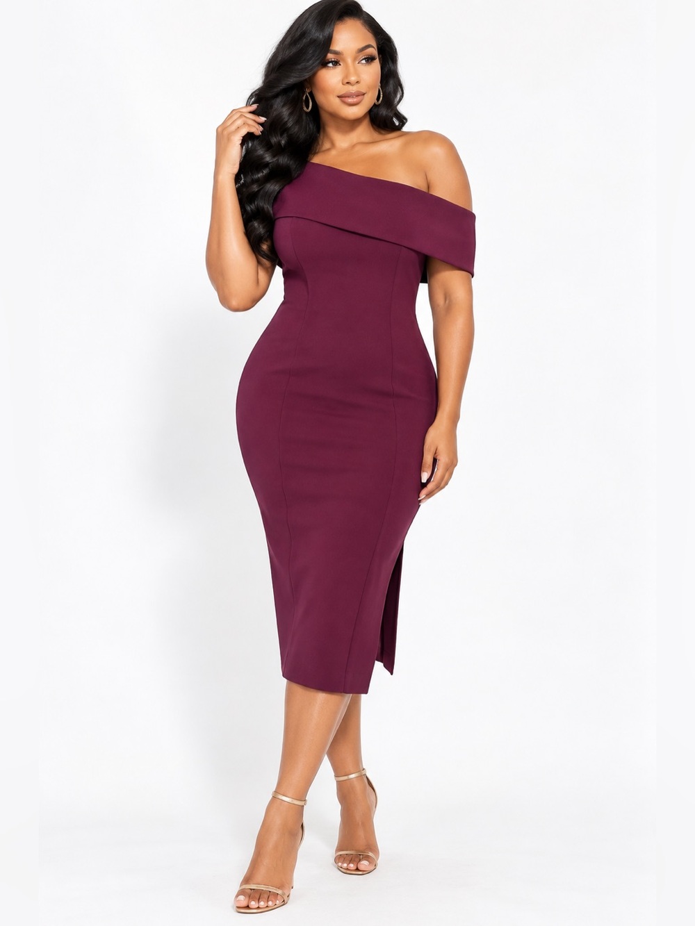Eliza J Burgundy Plum Off Shoulder Asymmetrical Sheath Midi Dress